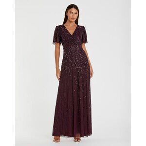 Mac Duggal Size 14 Purple 35109 Flutter Sleeve Sequin Beaded Formal Gown Dress